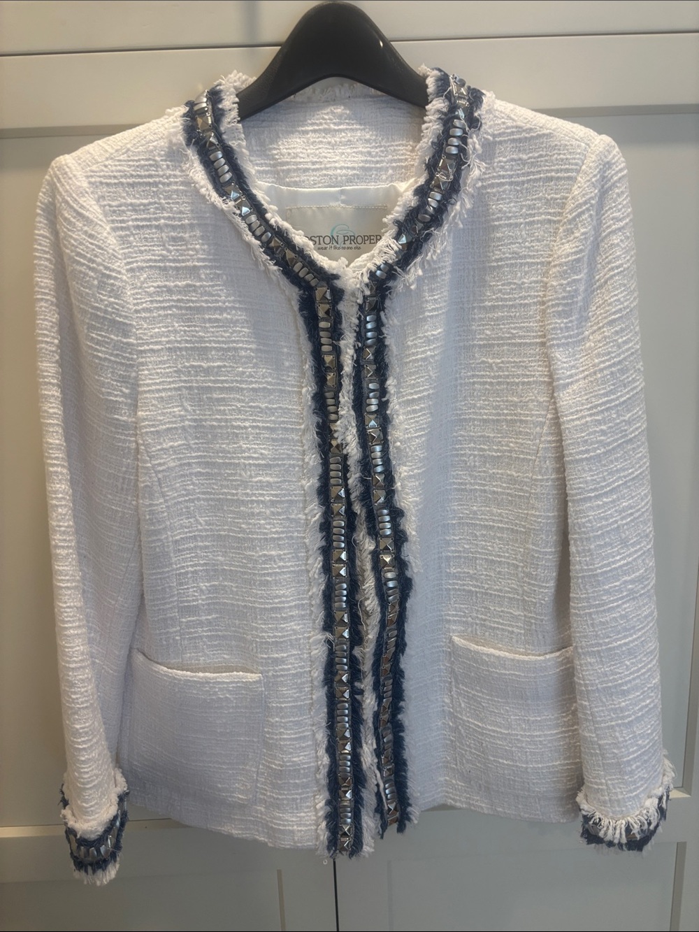 Boston Proper White Tweed Blazer with Navy Trim and Beaded Accents